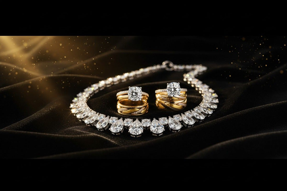 Gold and diamond jewelry set on a dark background